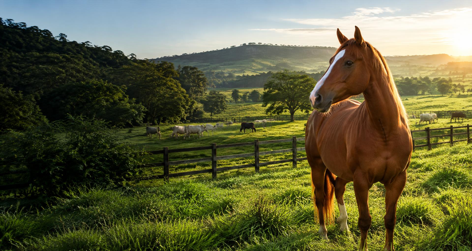 Cavalo e rebanho em pastagem no campo